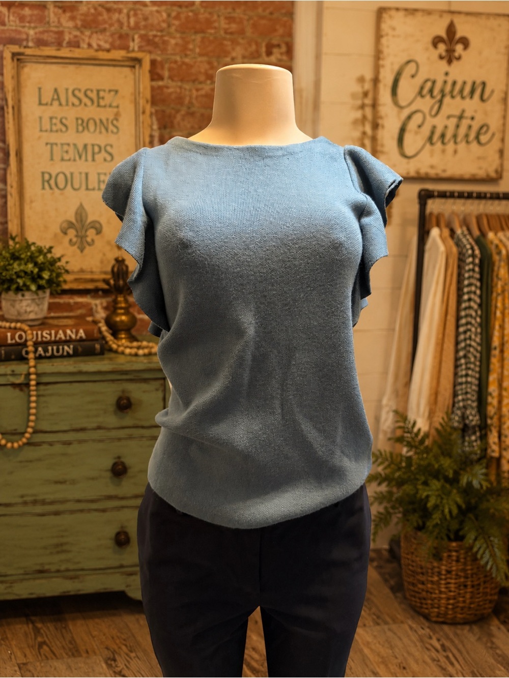 Ann Taylor Dusty Blue Flutter Sleeve Knit Top